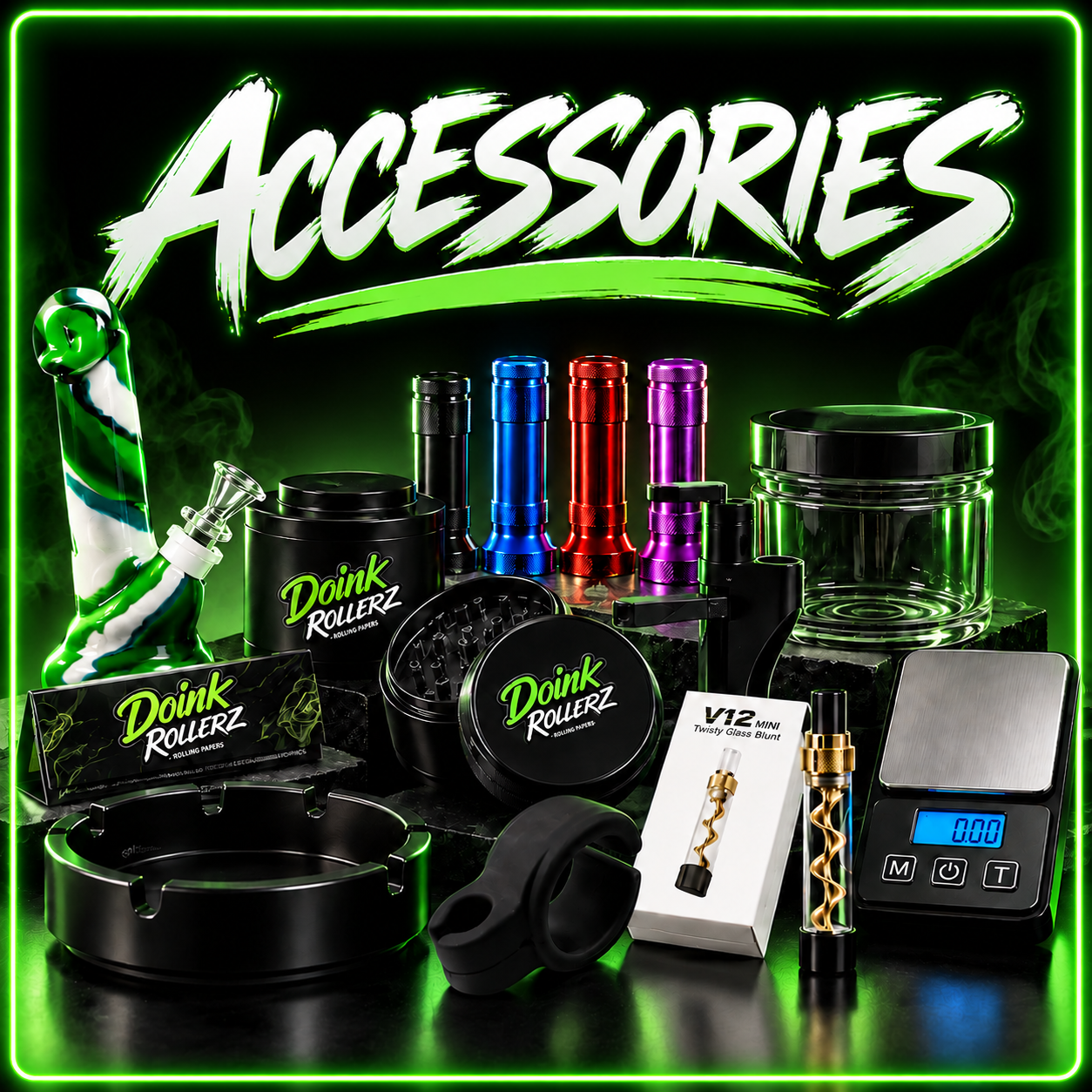 DoinkRollerz accessories collection featuring grinders, rolling papers, glass pieces, storage, tools, ashtrays, and other rolling accessories.