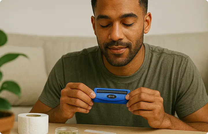 man using blue doink joint roller