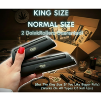 
              Two DoinkRollerz rolling machines held by a hand with a box and smoking accessories in the background.
            