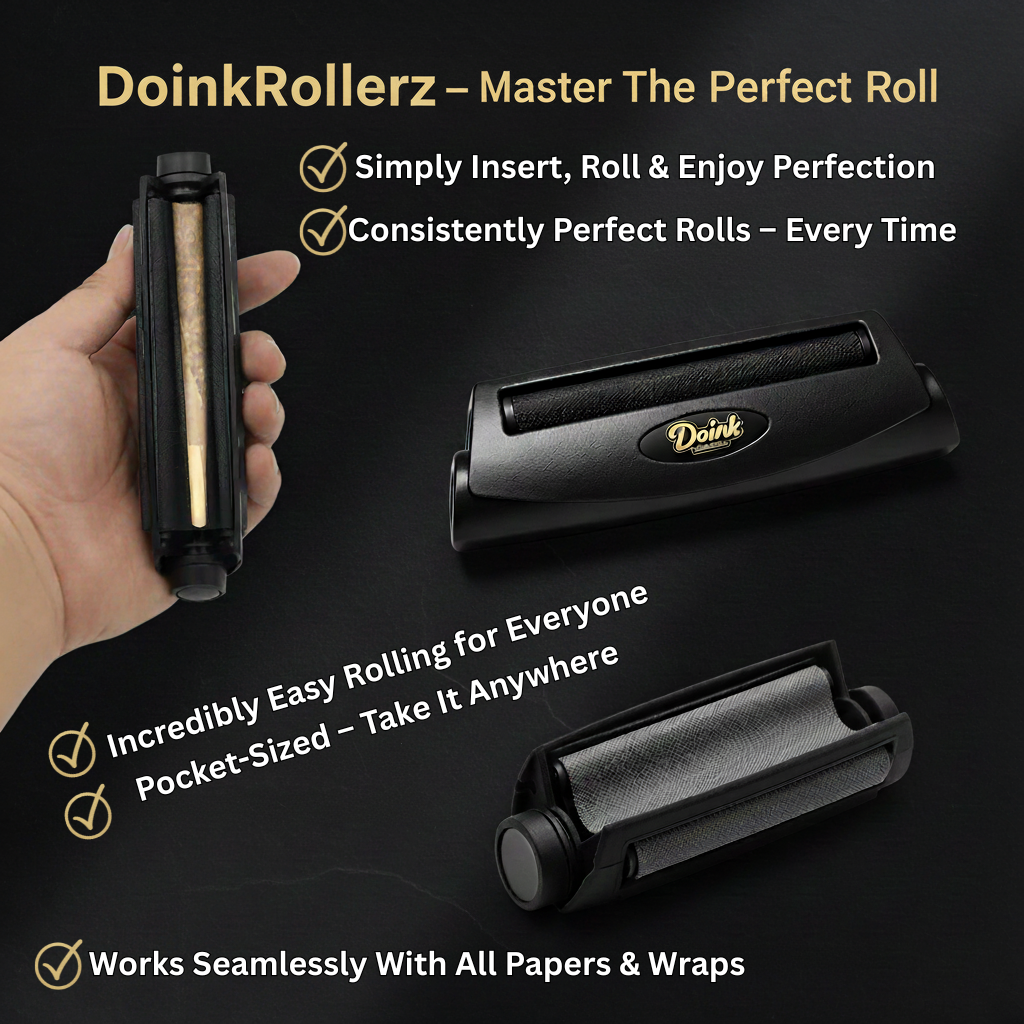 DoinkRollerz rolling device with text highlighting features on a black background