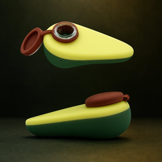 Avocado-shaped glass one-hitter pipe with realistic pit design