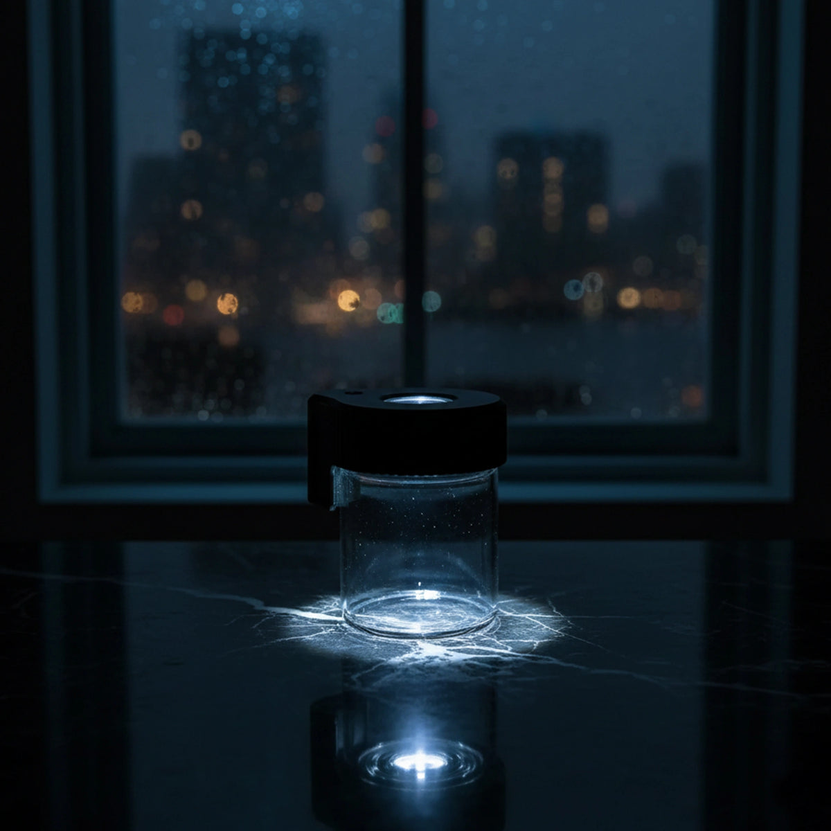 Compact glass storage jar featuring an integrated LED lighter