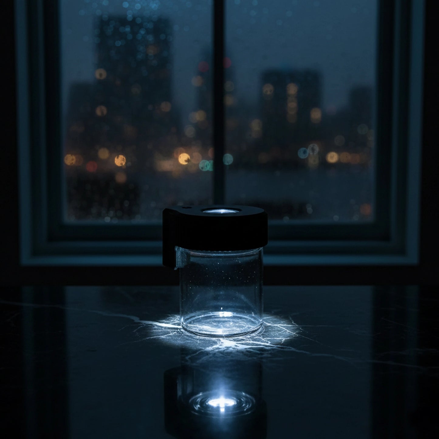 Compact glass storage jar featuring an integrated LED lighter
