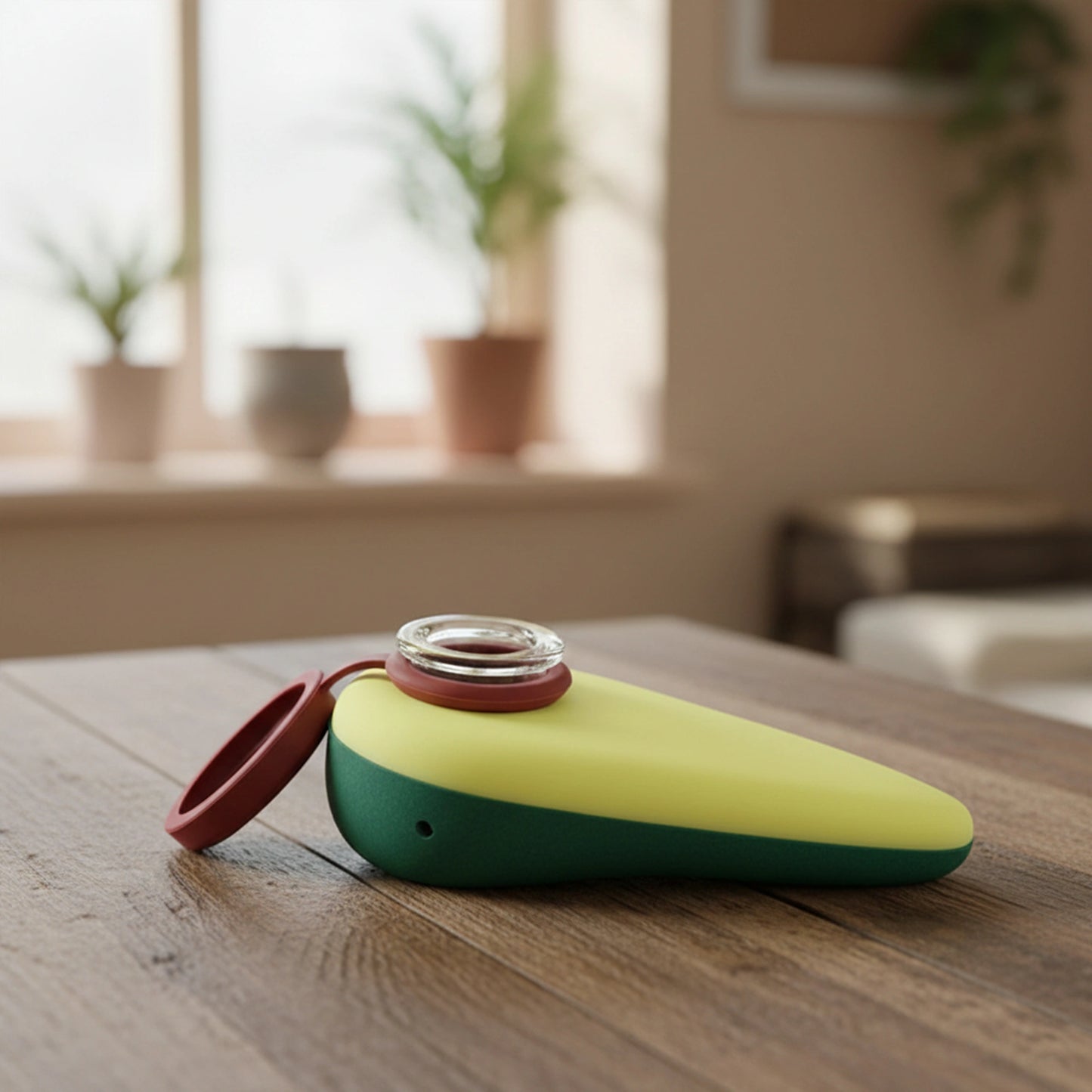 Avocado-shaped glass one-hitter pipe with realistic pit design