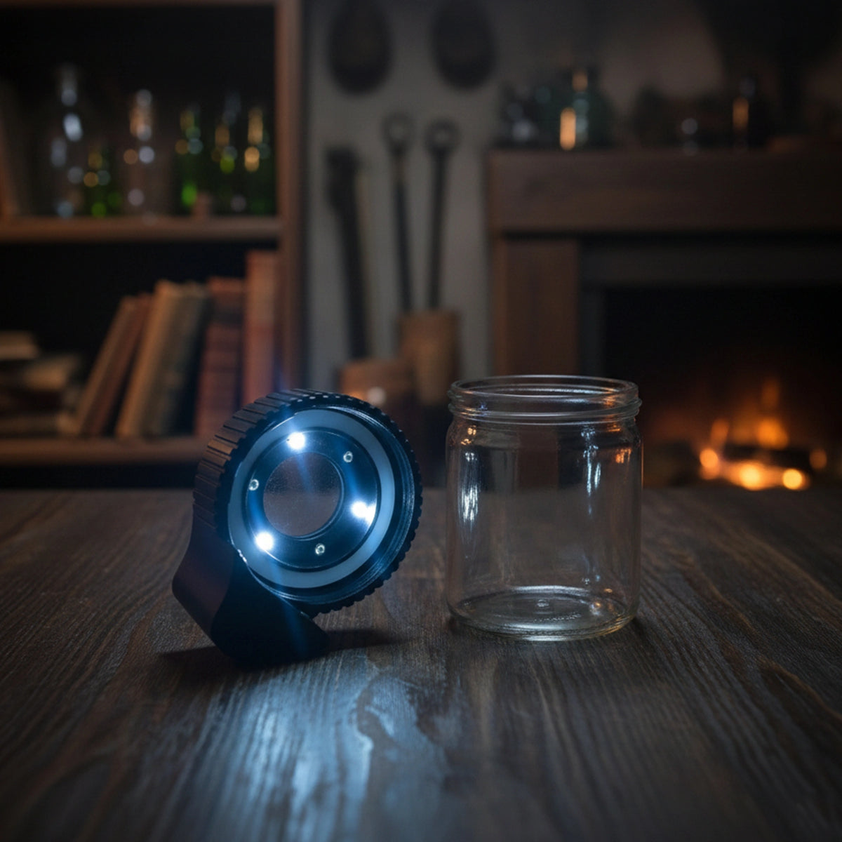 Compact glass storage jar featuring an integrated LED lighter