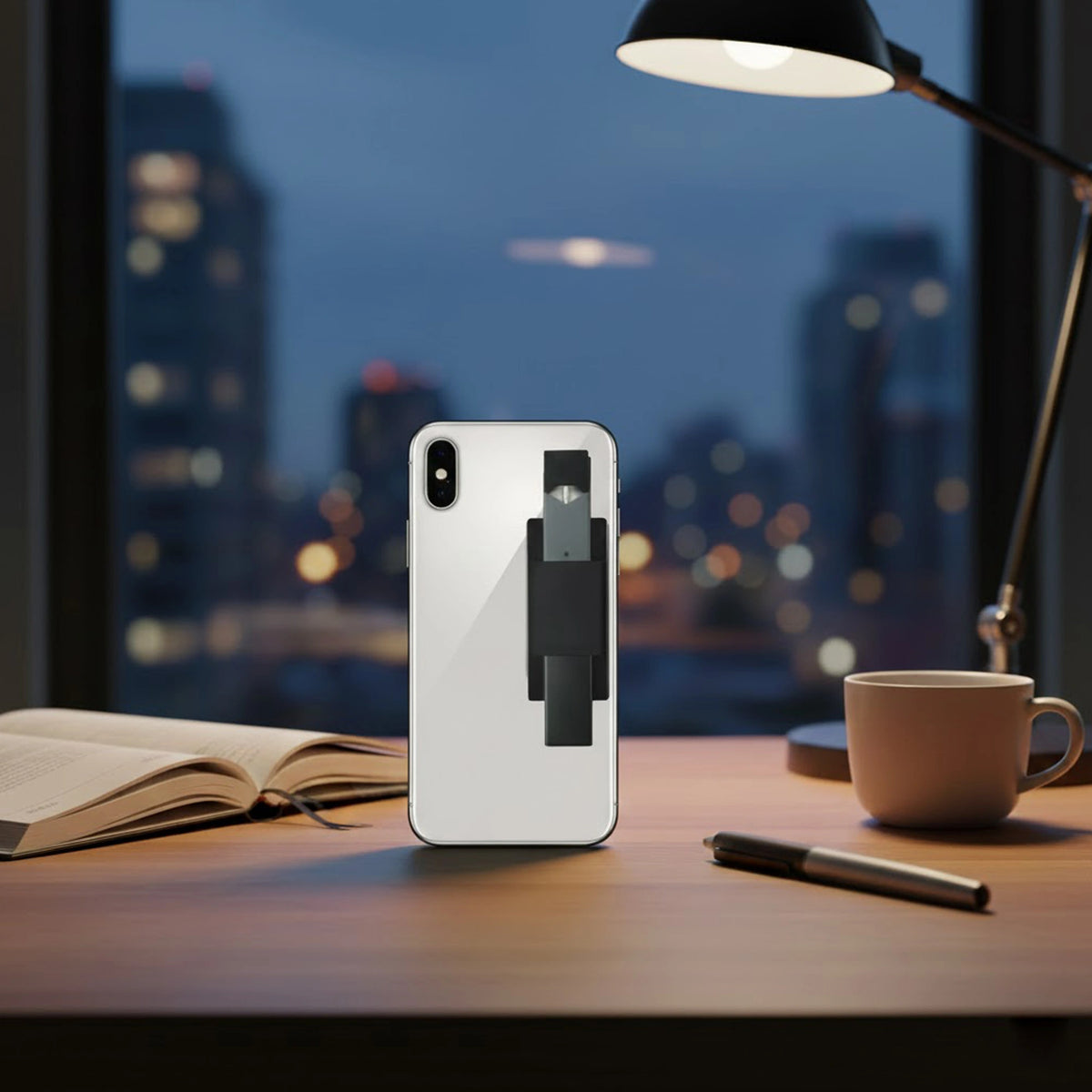 Silicone JUUL holder attached to a flat surface for convenient storage