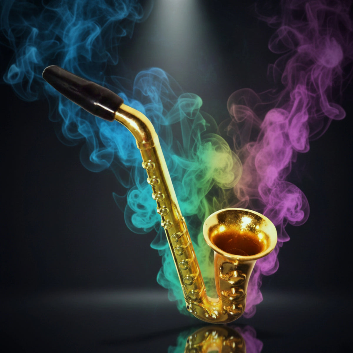 Curved mouthpiece on a saxophone-style one-hitter pipe