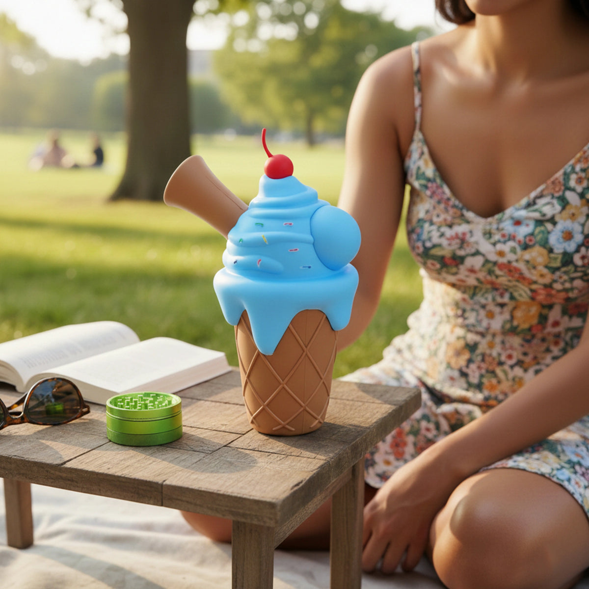 Colorful ice cream–style glass bowl with cherry detail on ice cream cone bong