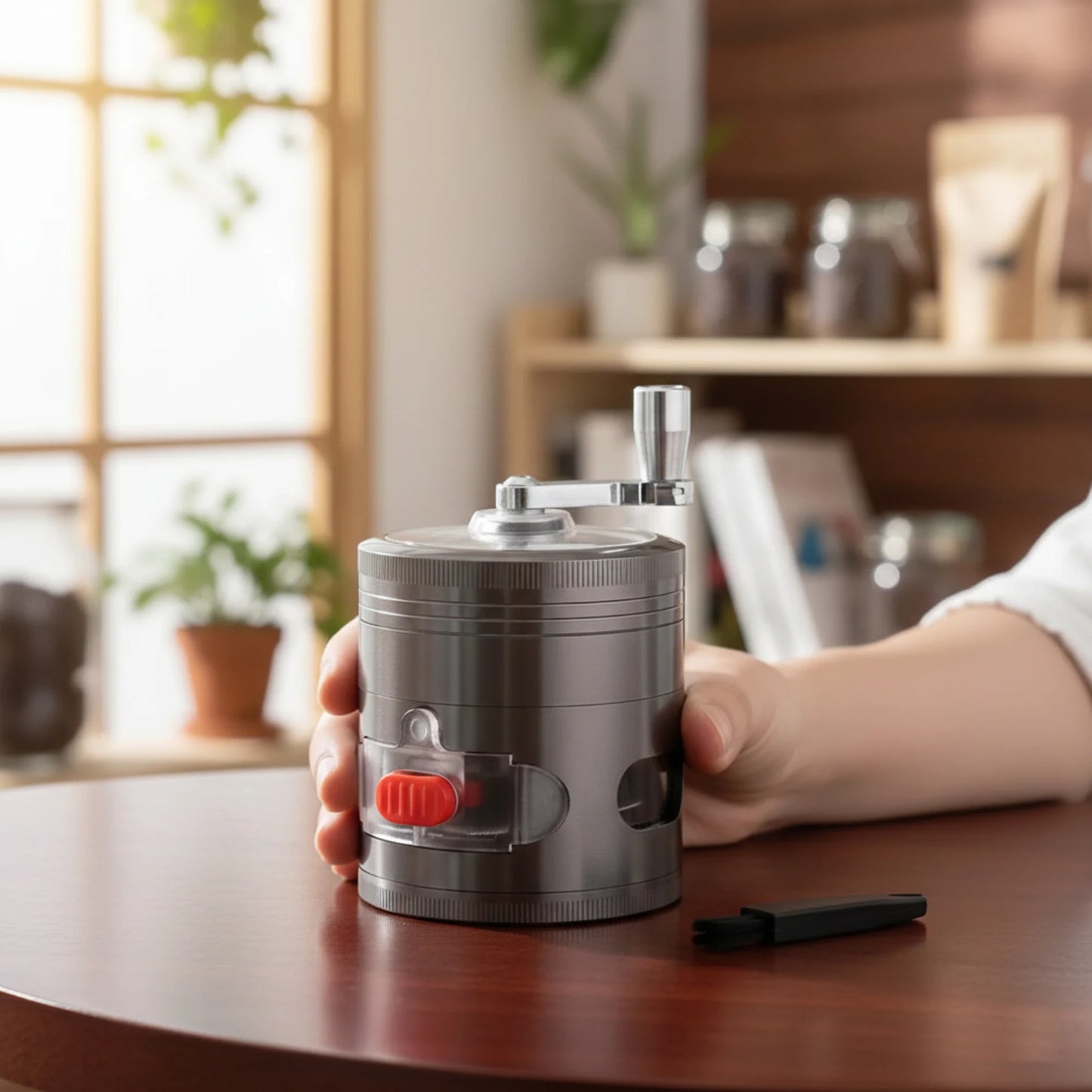 Hand crank metal herb grinder with clear top and multi-layer design