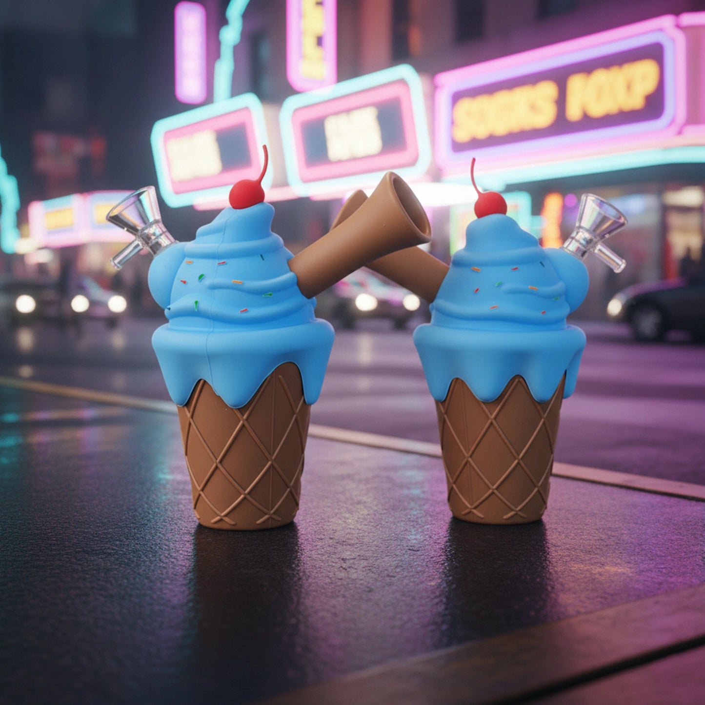 Colorful ice cream–style glass bowl with cherry detail on ice cream cone bong