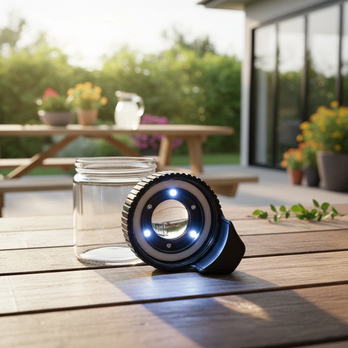 Compact glass storage jar featuring an integrated LED lighter