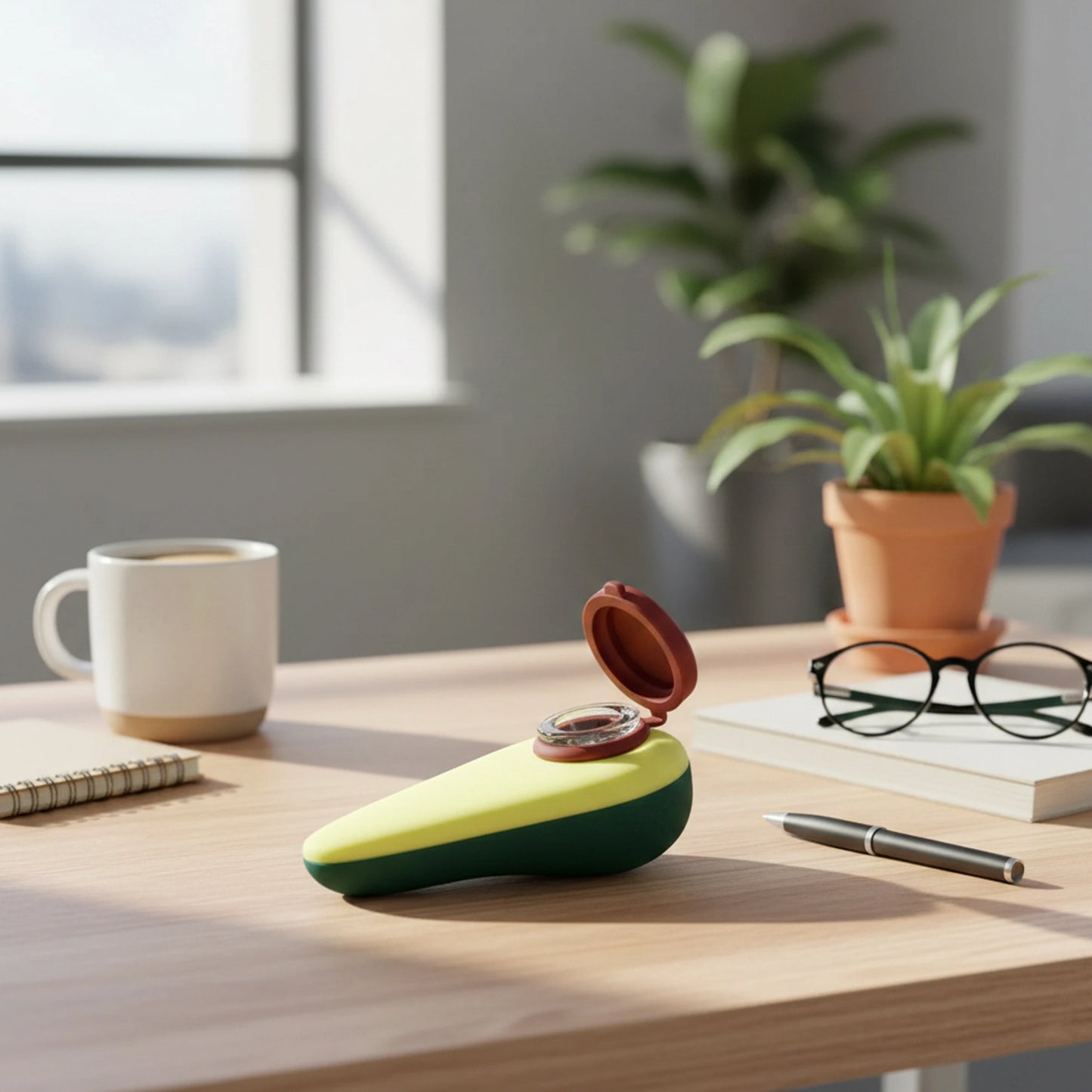 Avocado-shaped glass one-hitter pipe with realistic pit design