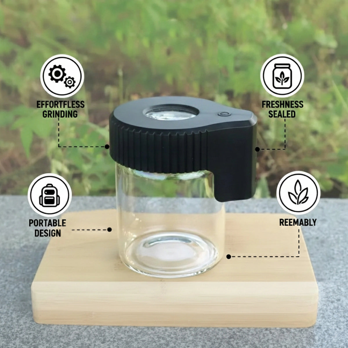 Compact glass storage jar featuring an integrated LED lighter