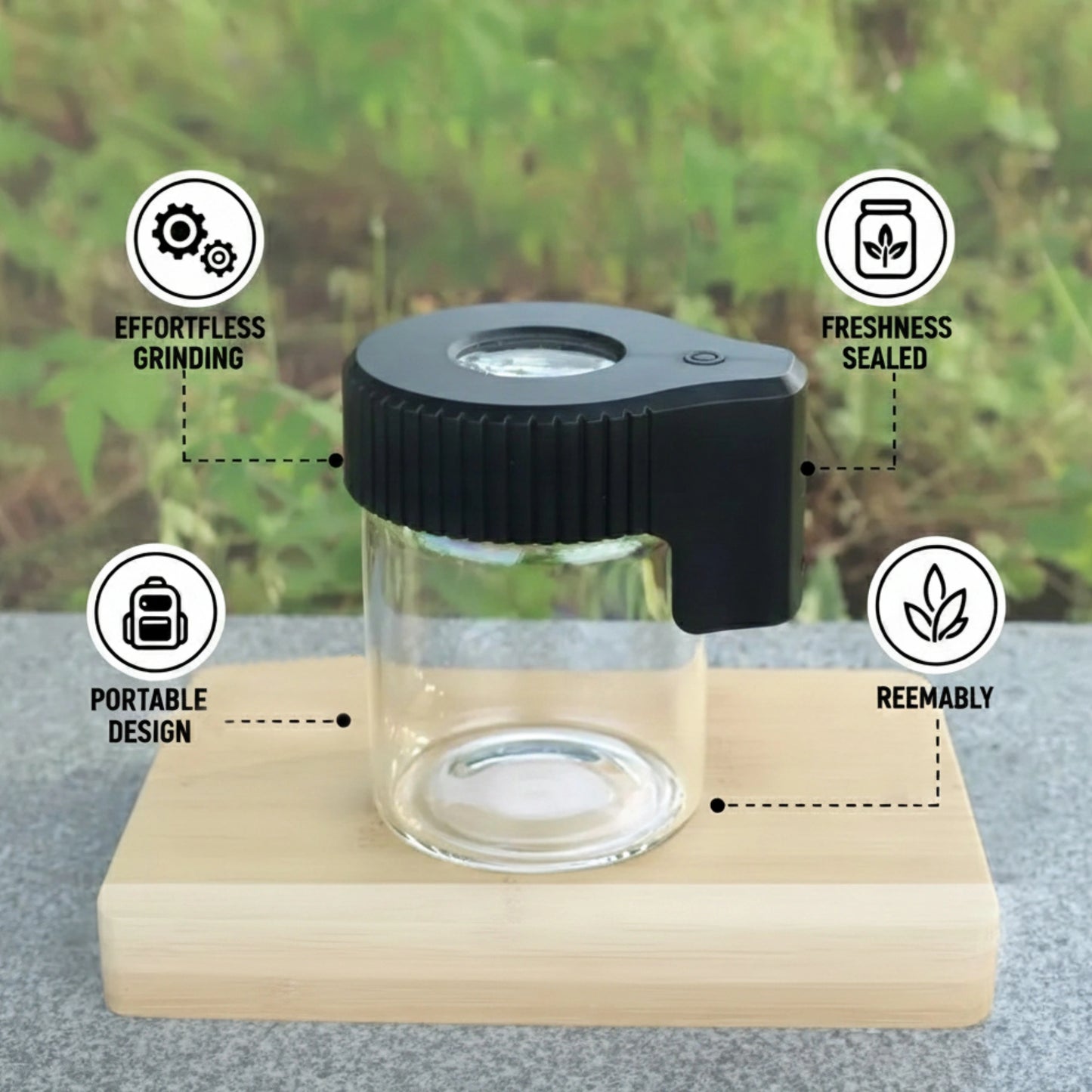 Compact glass storage jar featuring an integrated LED lighter