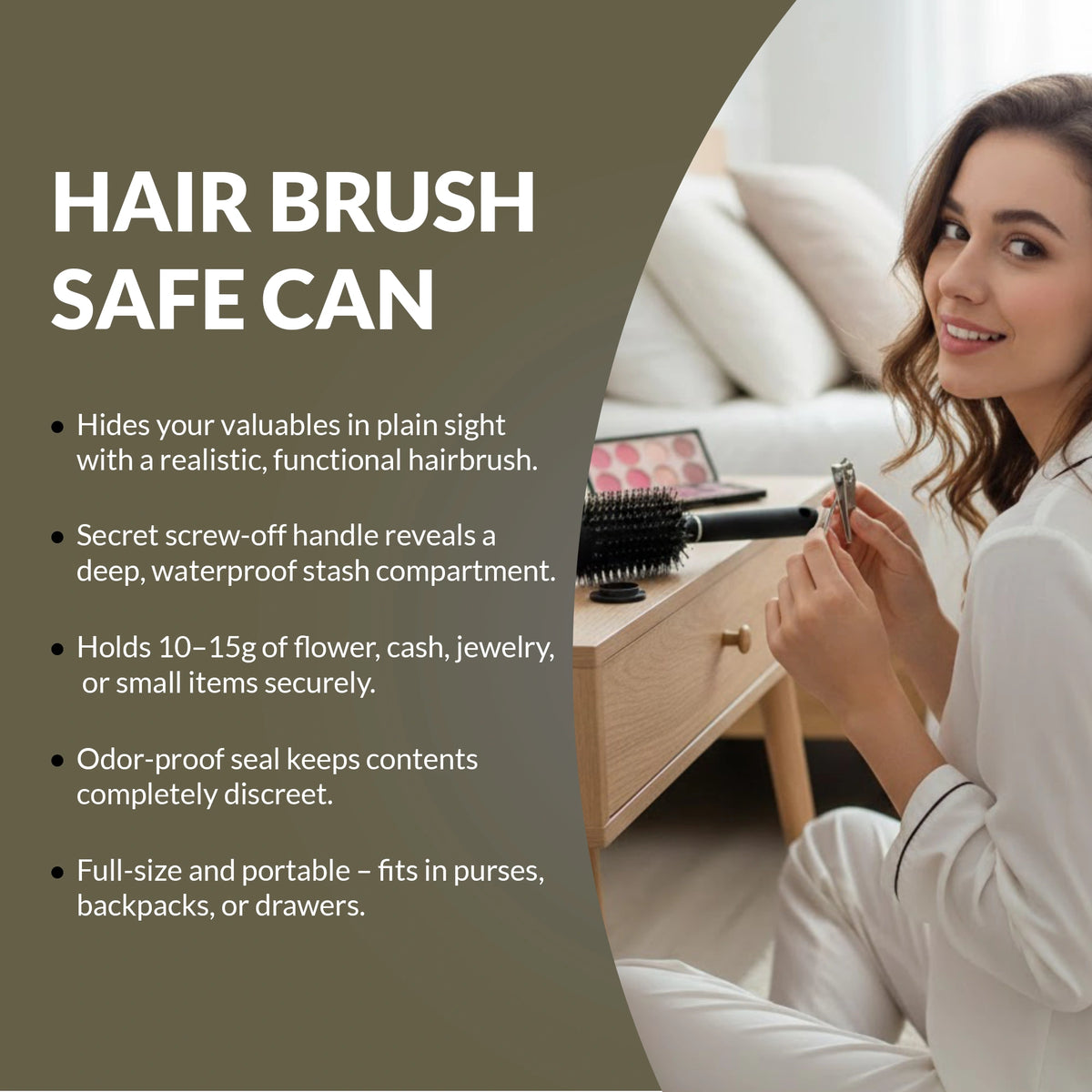 Full-size hairbrush with concealed storage compartment