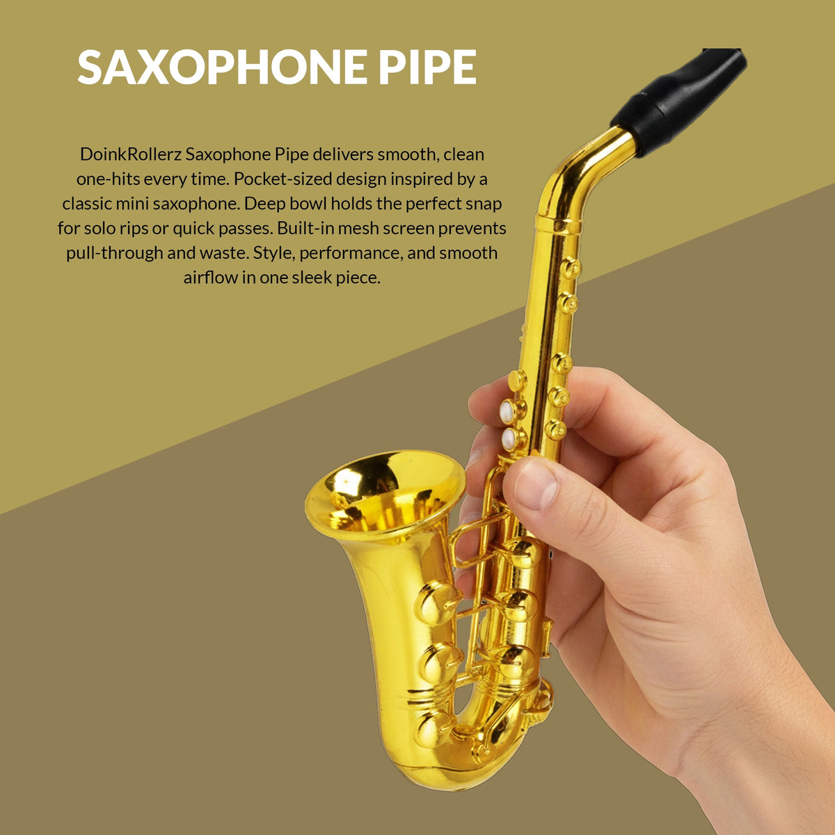 Curved mouthpiece on a saxophone-style one-hitter pipe