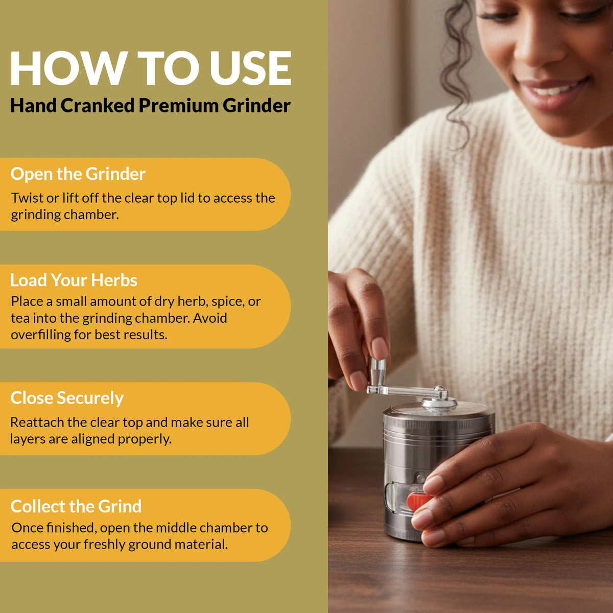 Hand crank metal herb grinder with clear top and multi-layer design