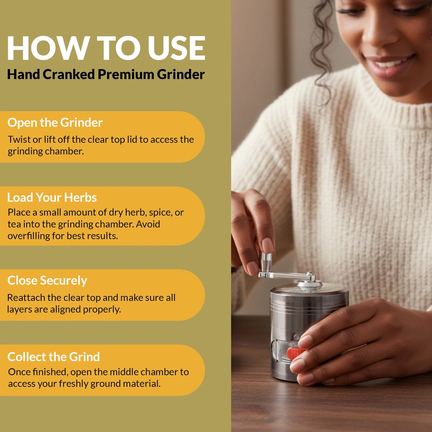 Hand crank metal herb grinder with clear top and multi-layer design