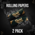 Two packs of Doink Rollerz rolling papers on a dark background with smoke effects.
