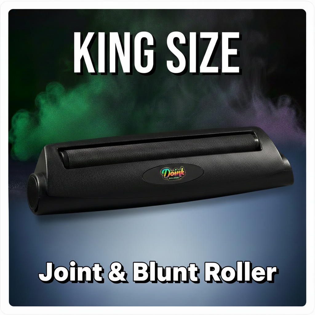Joint & Blunt Roller with 'King Size' text for product called DoinkRollerz and smoke effect on a dark background