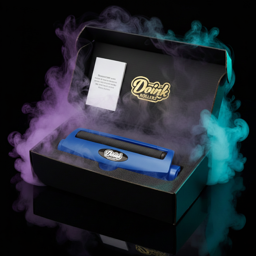 Blue joint roller with 'Doink Rollerz' branding in a black box with colorful smoke effects on a dark background.