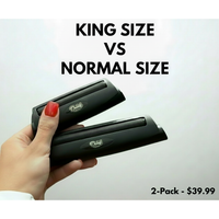 Two black DoinkRollerz branded joint rolling machines held by a hand with red nail polish, with text comparing king size vs normal size and pricing.
