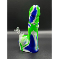 A penis bong with a curved neck and colored accents